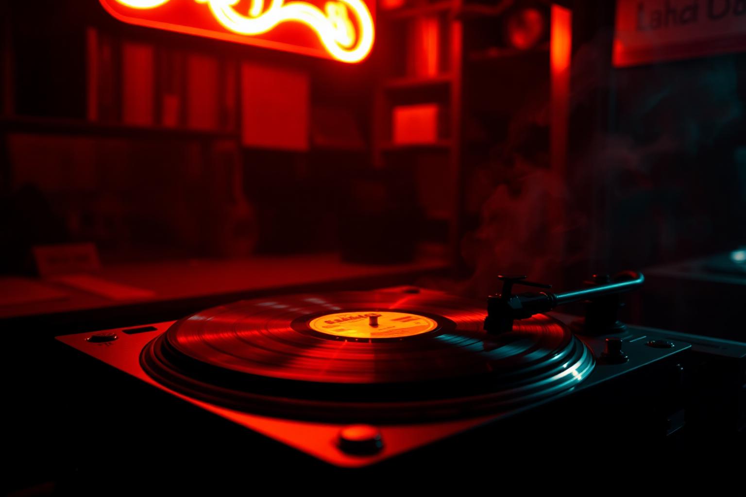 Vinyl record glowing under amber neon at a Tokyo listening bar